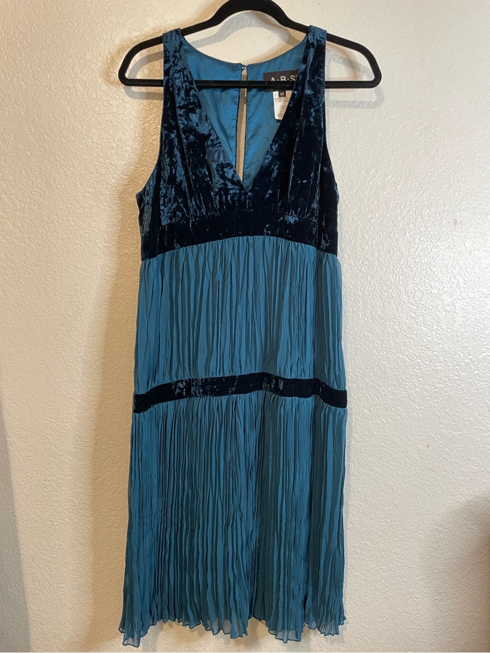 Vintage Allen B. By Allen Schwartz Teal Dress with Velvet Trim.